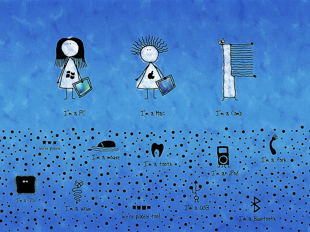 The image shows three characters with different symbols and text.  Wallpapers featuring funny little men and objects such as a computer, mouse, toothbrush and others