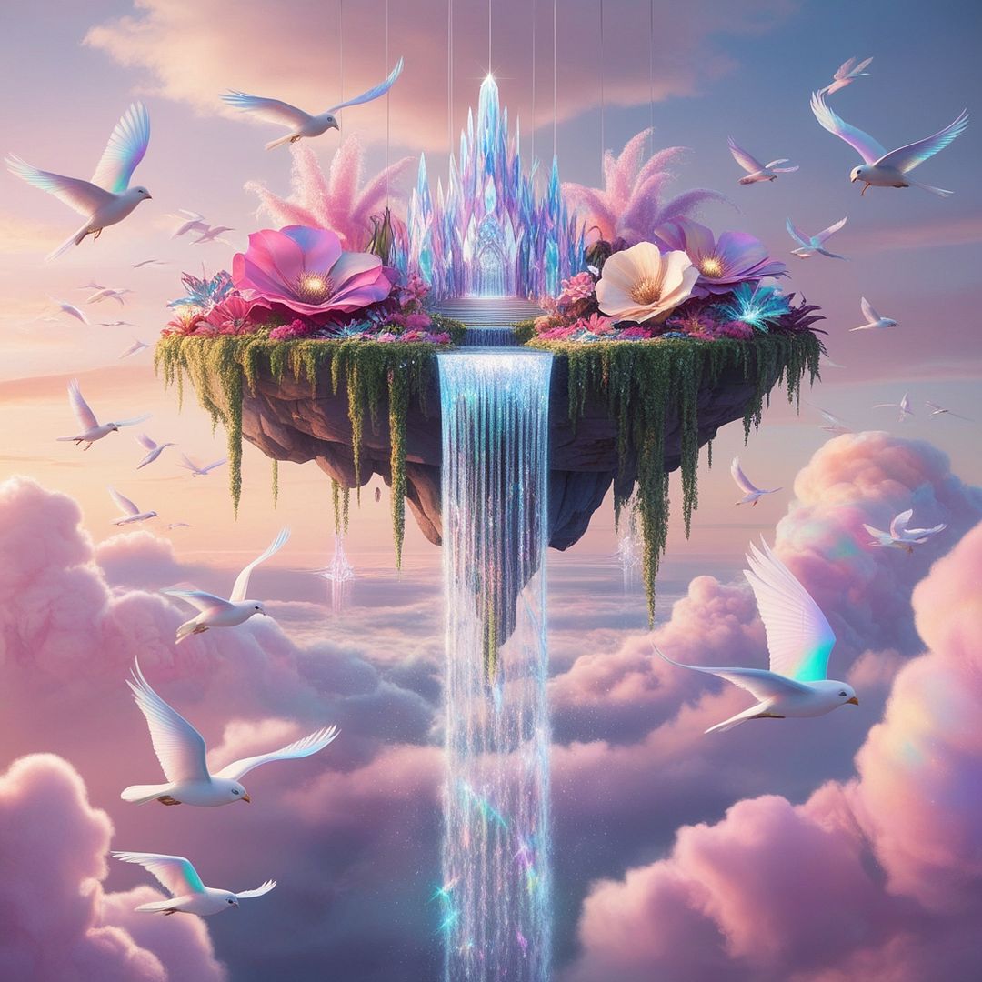 Design a mesmerizing fantasy scene of a floating island suspended in the sky