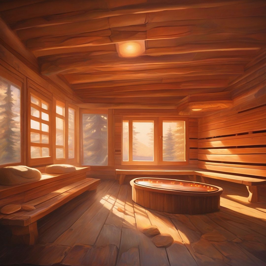 Steaming sauna, the air thick with warmth and the scent of cedar