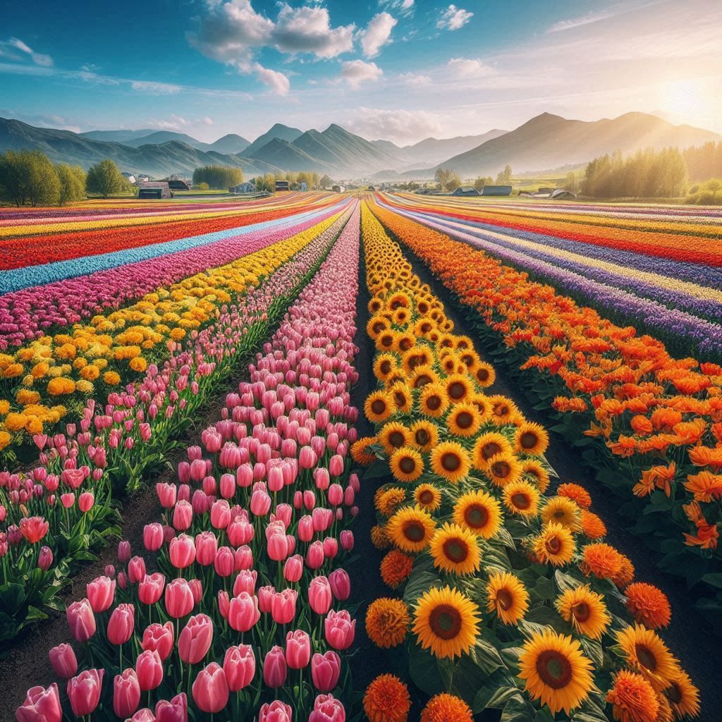 A beautiful farm full of different flowers.