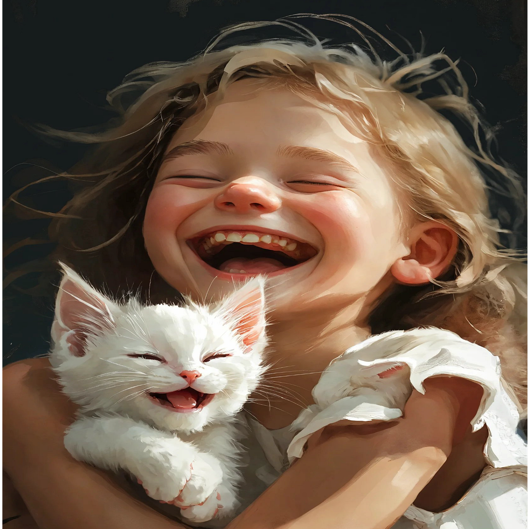 girl and white kitten