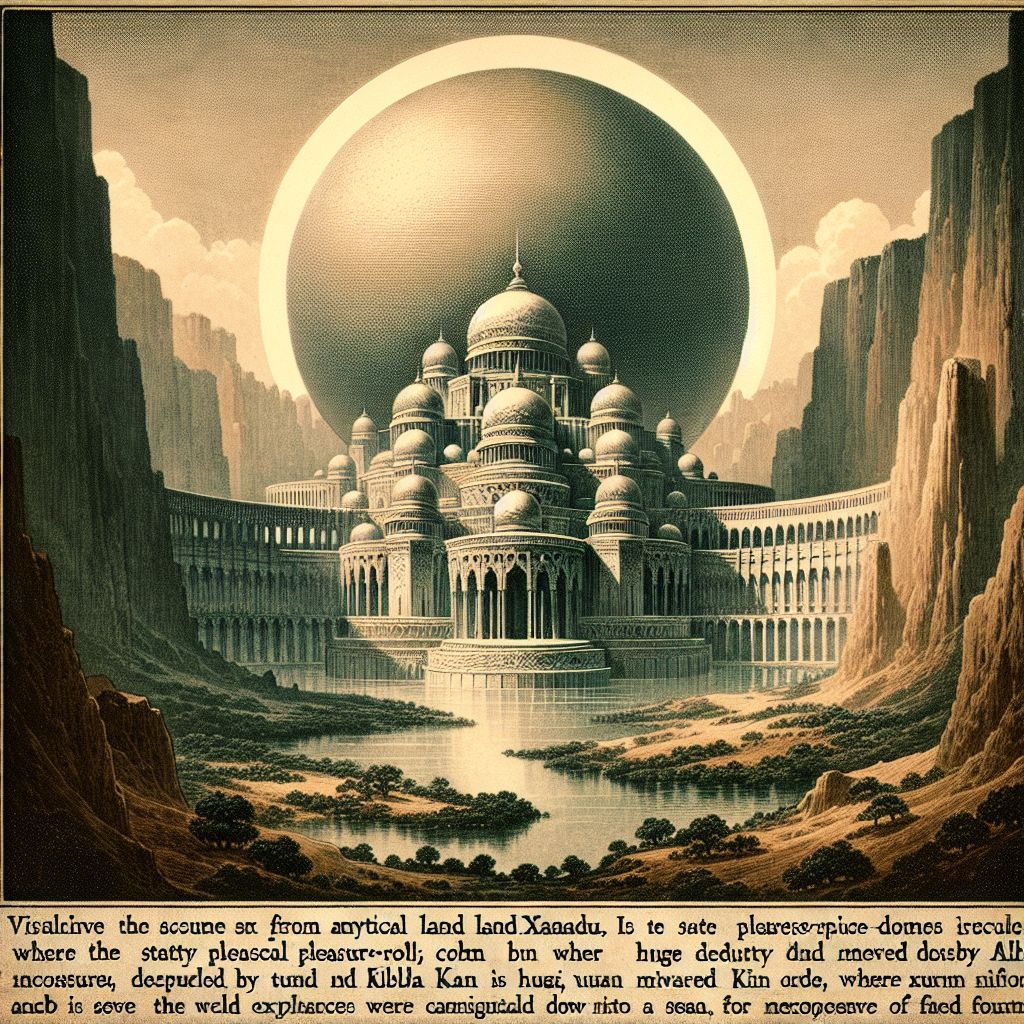 In Xanadu did Kubla Khan A stately pleasure-dome decree: Where Alph, the sacred river, ran Through caverns measureless to man    Down to a sunless sea. So twice five miles of fertile ground With walls and towers were girdled round;