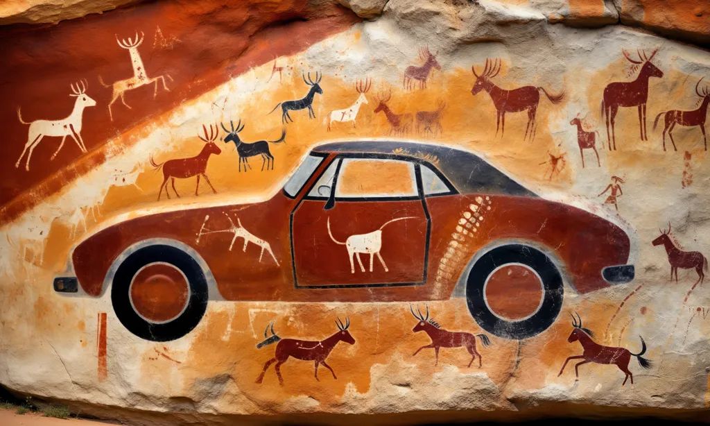 Ancient cave painting depicting red car surrounded by colorful animals