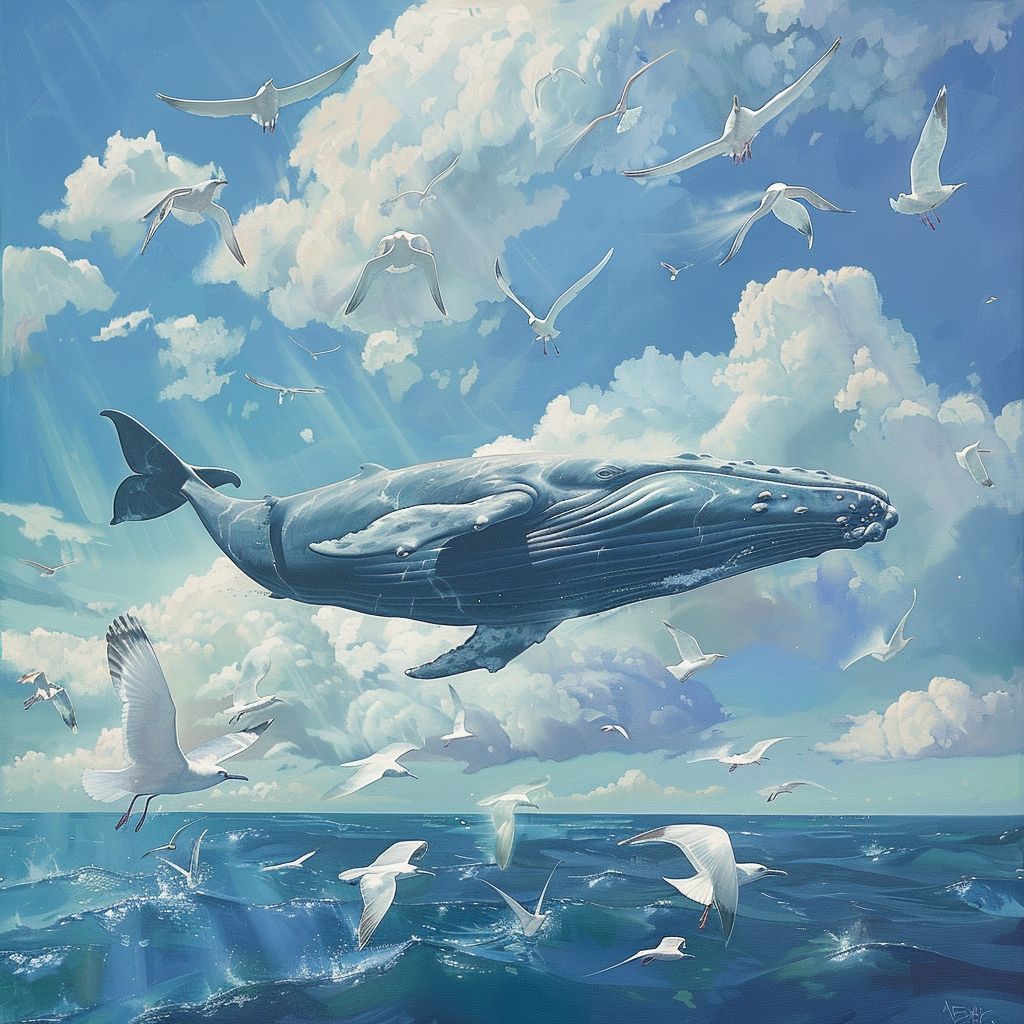 Flying whale and seabirds