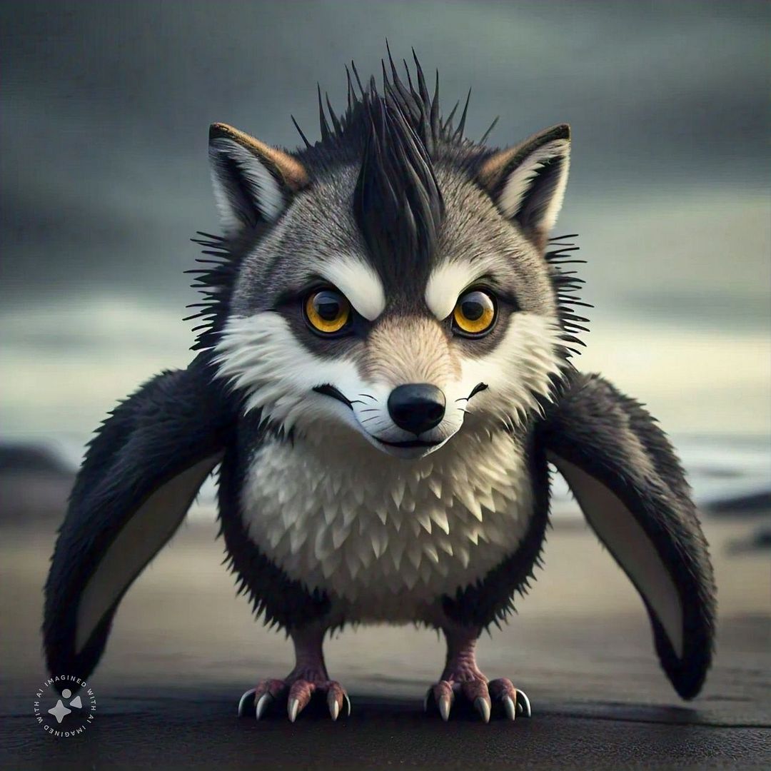 Name: Pengwolf Image: A cross between a penguin and a wolf Description: "Pengwolf, the guardian of ice and night. His white plumage and glowing eyes make him a fierce protector."