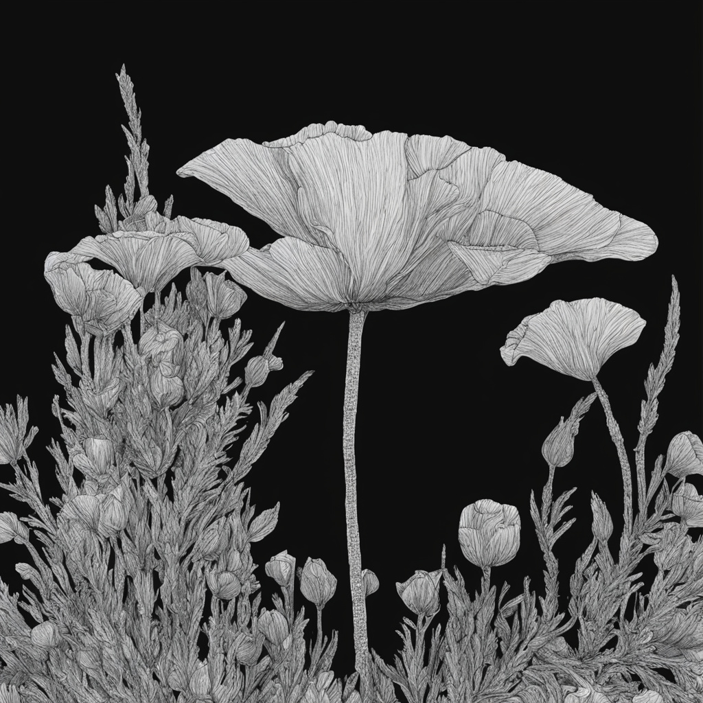 the-eyes-of-abundance-gaze-upon-you--beautiful-california-poppys-dithered-1-bit-drawing-ultra-hd-646078245