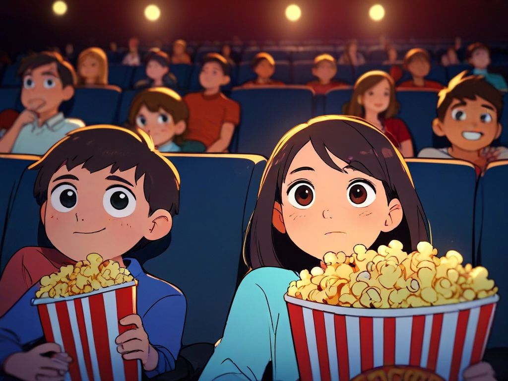 Kids watching a movie while eating popcorn at the theater