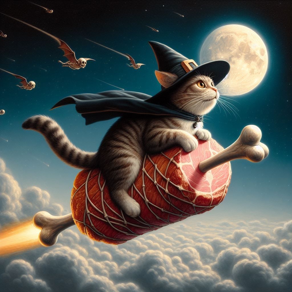 Witch Cat Travels to the Moon on a Ham Rocket