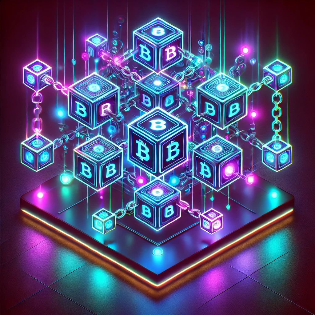 DALL·E 2024-07-11 20.42.38 - A digital artwork for an NFT titled 'Zora Blockchain'. The image features a futuristic and abstract representation of blockchain technology. There are