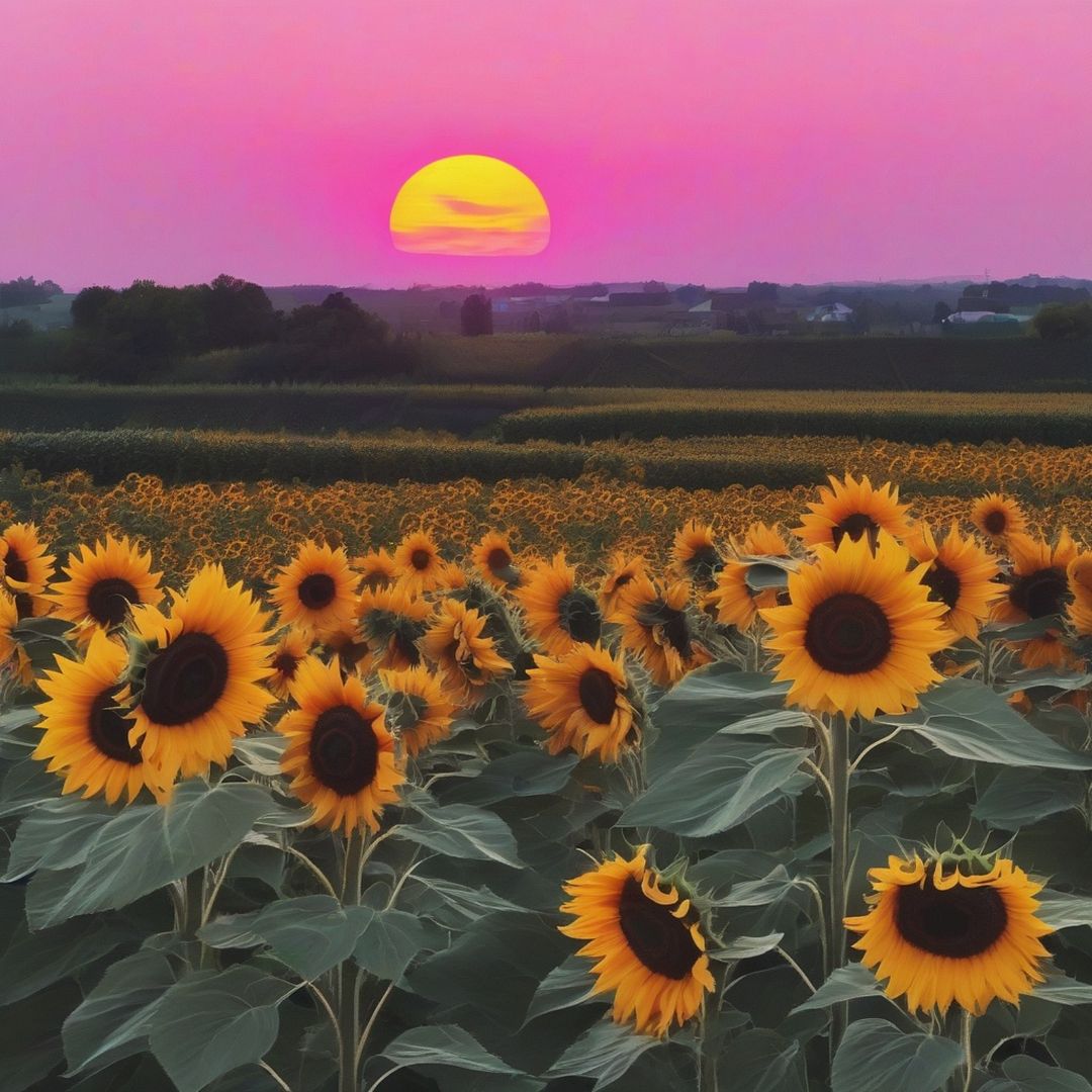 Sunflowers and a Pink Sunset