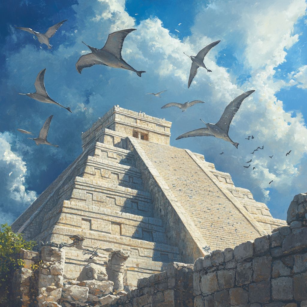 Seabirds flying over Chichen Itza ruins