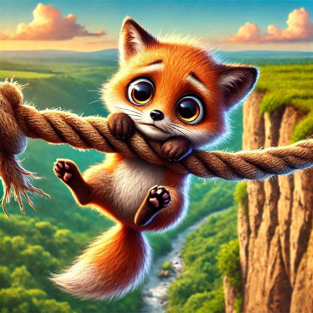 The fox is holding on to the rope on the cliff