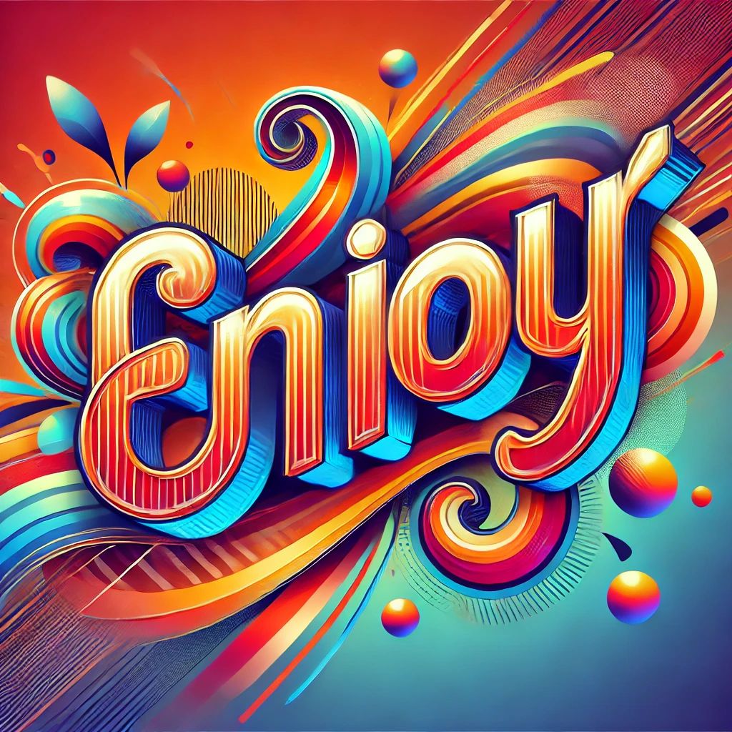 DALL·E 2024-10-24 19.43.41 - A vibrant, abstract design featuring the word 'Enjoy' in dynamic, bold typography. The background is a blend of warm, energetic colors like orange, re