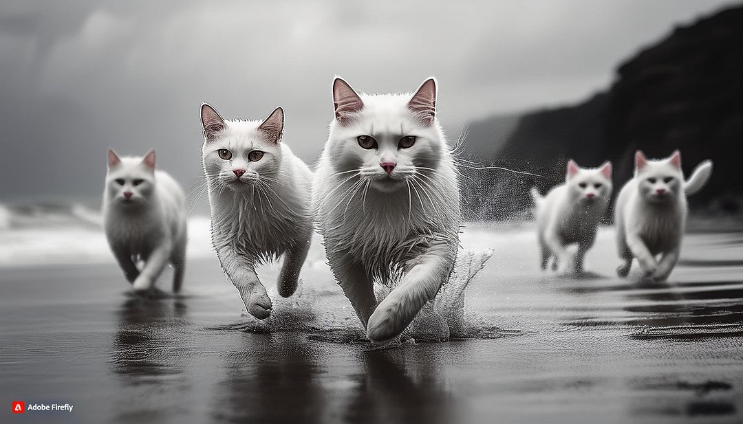 Firefly Create monochrome of white cats running on the beach in the rain all greyscale with pink nos