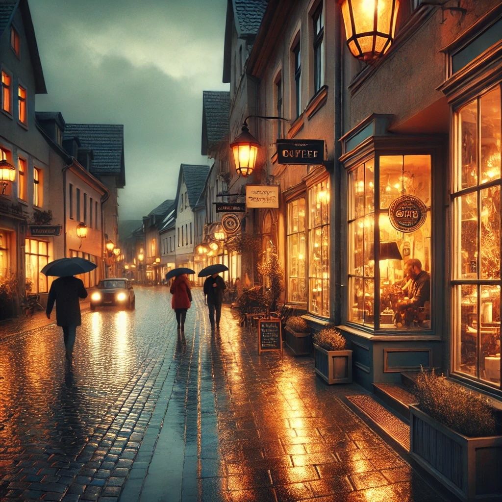 Cozy small-town street on a rainy evening