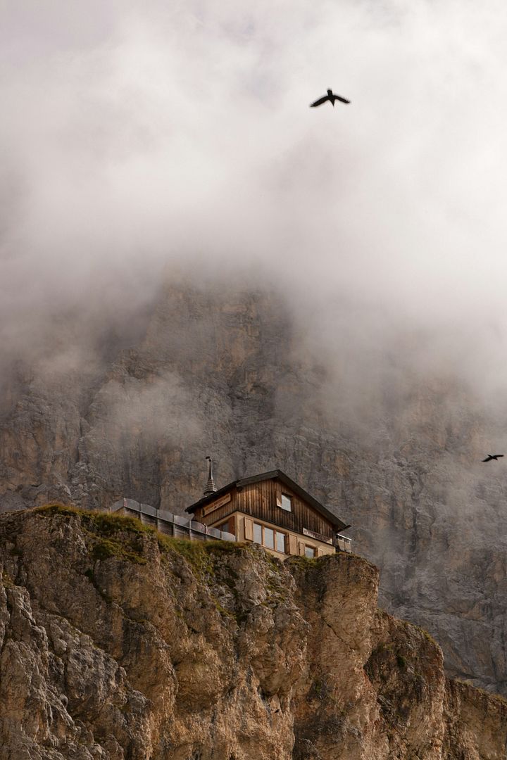 a-bird-flying-over-a-house-on-a-cliff