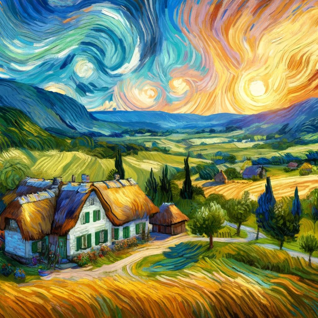 DALL·E 2024-06-02 17.28.00 - A beautiful landscape in the style of Vincent van Gogh, featuring a vibrant, swirling sky, a serene countryside with rolling hills, and a quaint villa