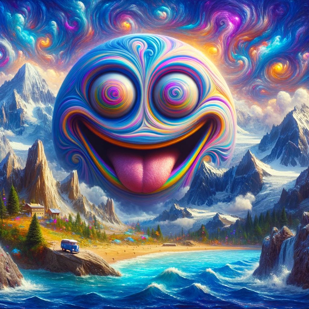 DALL·E 2024-01-20 16.09.53 - A whimsical, crazy smiley face set against a backdrop of mountains and a sea landscape. The background features majestic, snow-capped mountains under