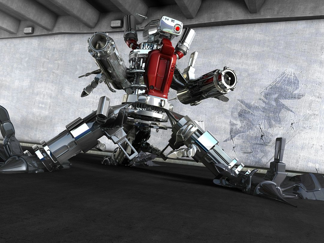 The image shows a robot with a plasma cannon.  Working with a plasma cannon in various works of fiction:  Bumblebee is an autobot scout from the Transformers movie series and animated series. It is equipped with a plasma cannon, a machine gun, rocket launchers and a titanium sword.  The mini-Hunter is a flying disc—shaped, lightly armored robot from the Terminator universe. It is armed with a rapid-firing plasma cannon suspended on a pylon under the hull.  Robots of the Super Invader model are developed by the Western military corporation Alphstar. They are equipped with plasma cannons and stun guns, and are also able to use plasma blades in close combat.