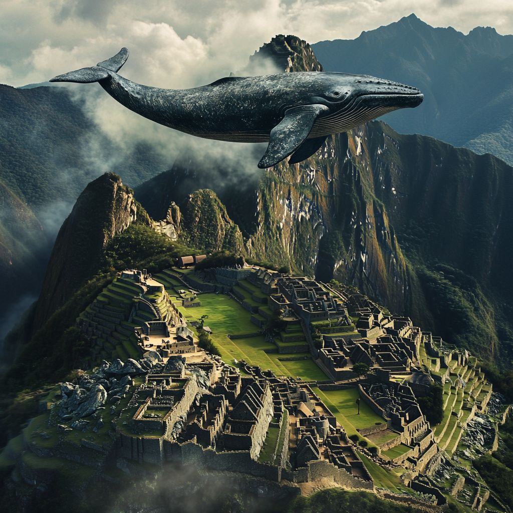 Whale flying over Machu Picchu ruins