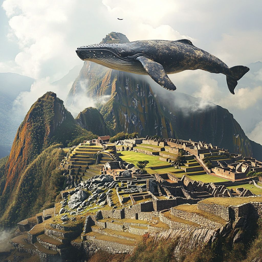 Whale flying over Machu Picchu ruins