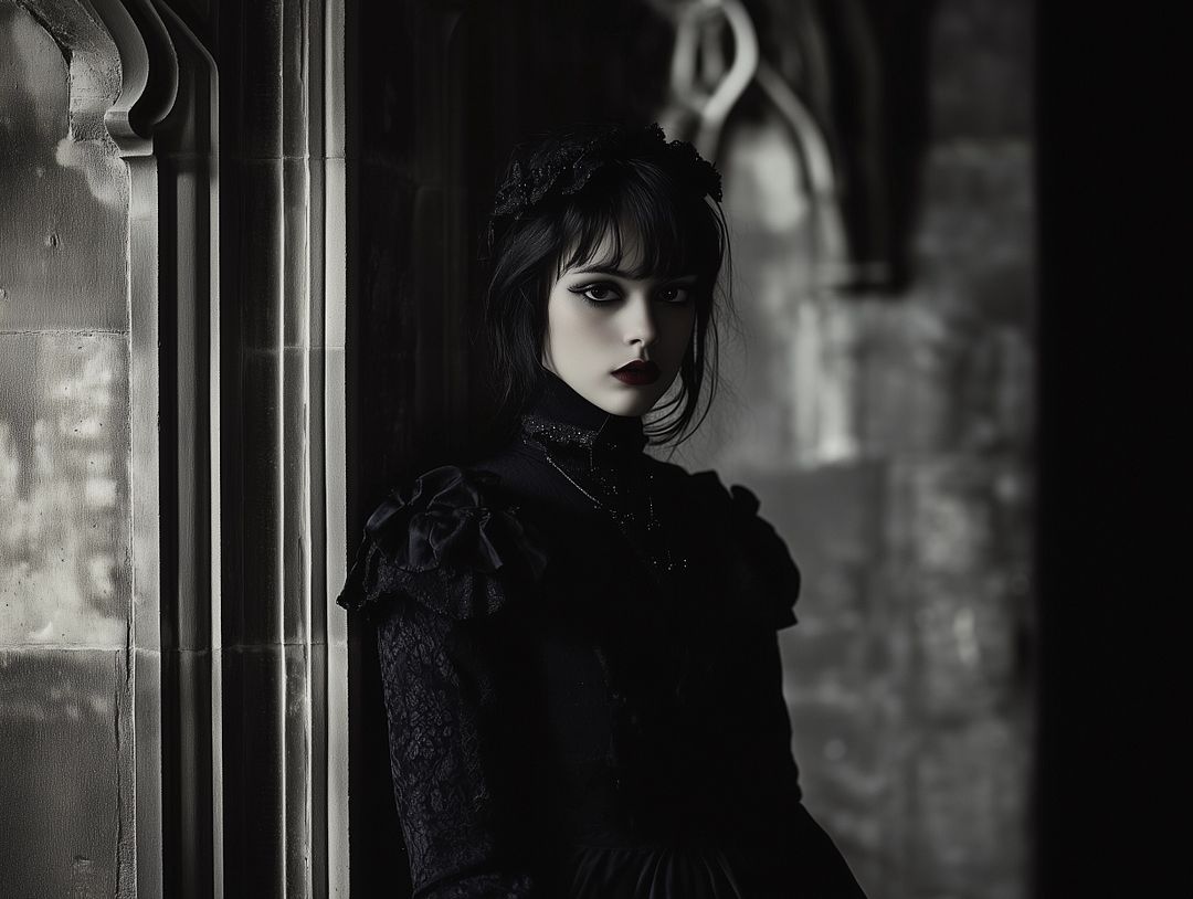 A gothic shadow envelops her.