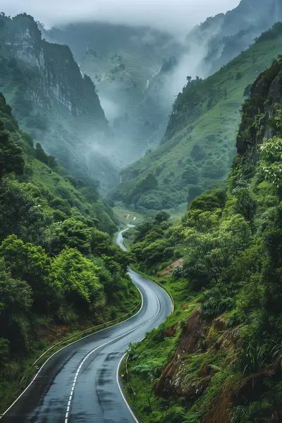 Beautiful view foggy road mountains