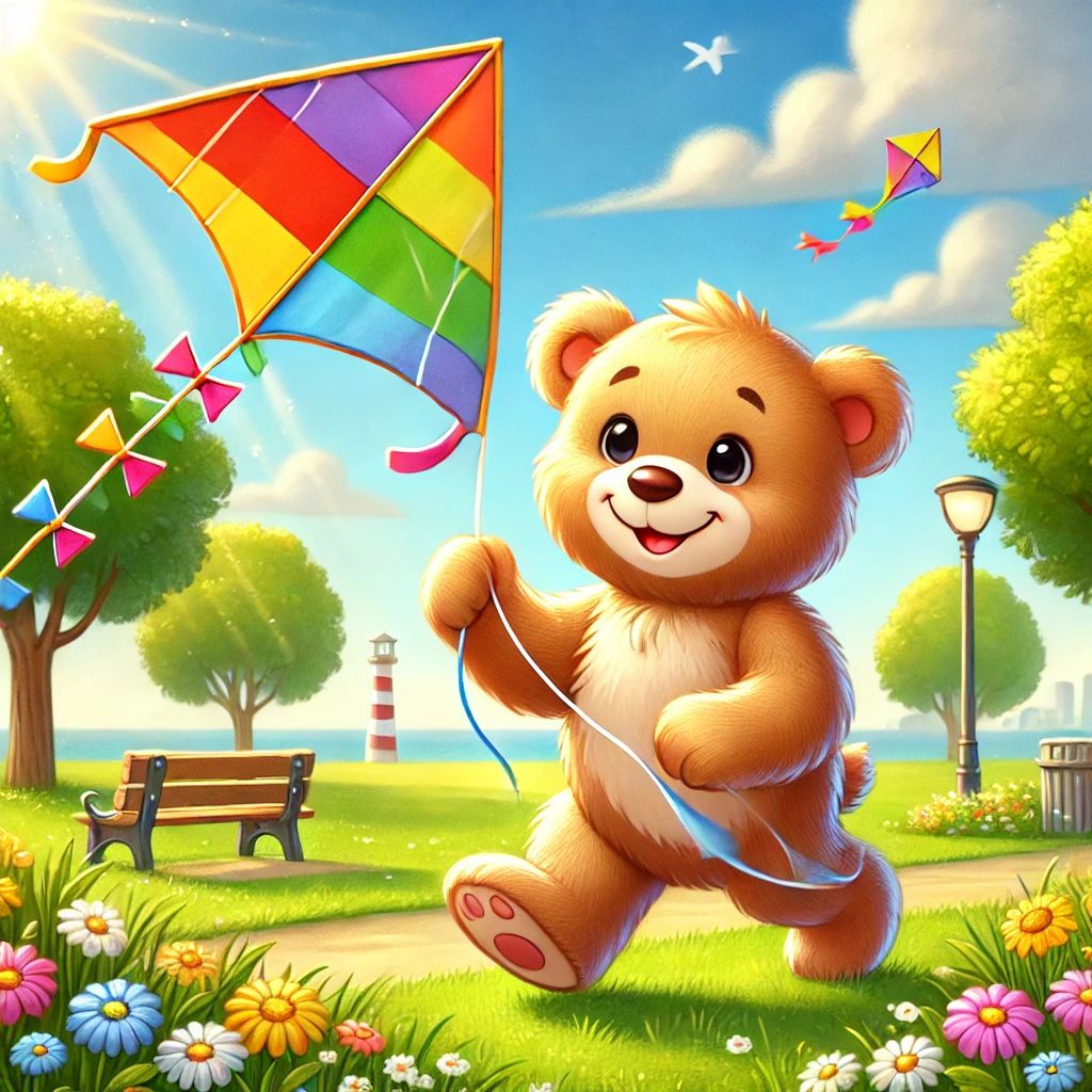 37_A cheerful teddy bear flying a colorful kite in a sunny park