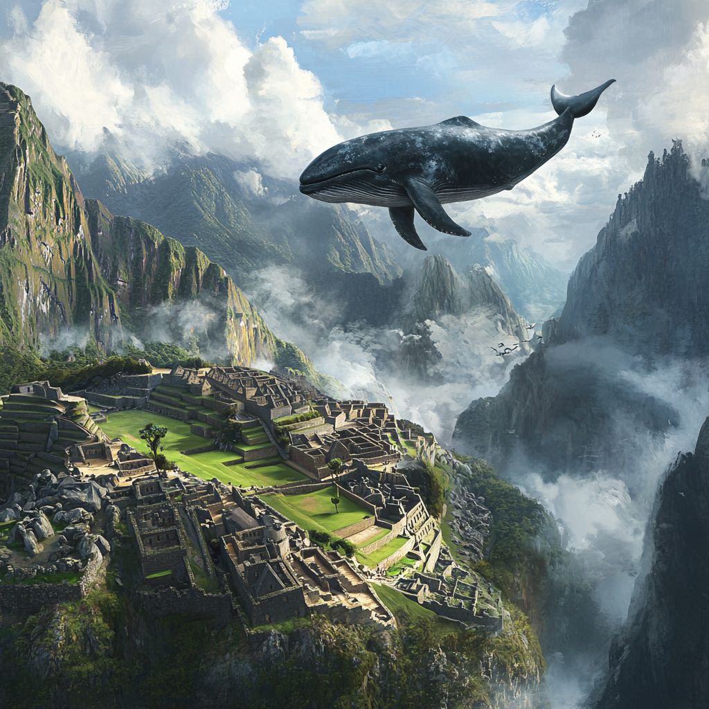 Whale flying over Machu Picchu ruins