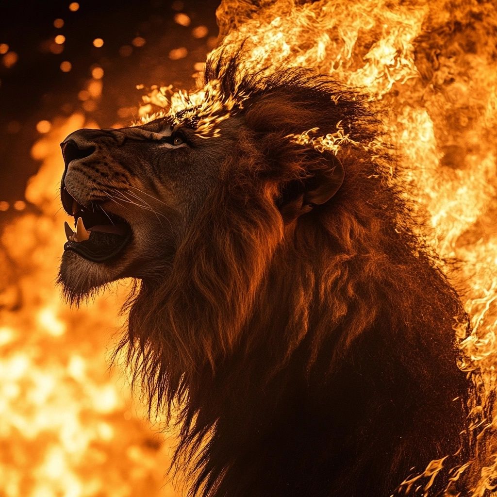 The heart of a lion howling in flames