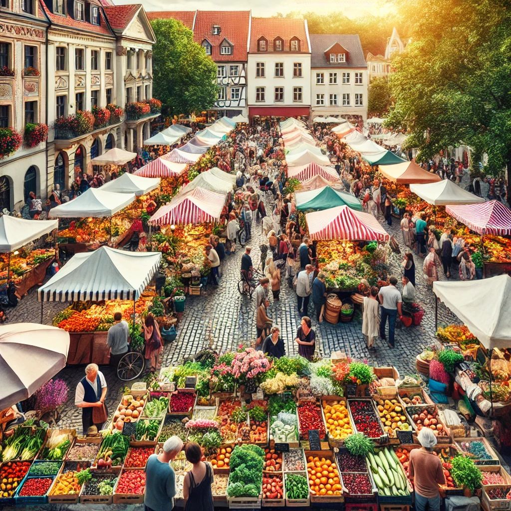 A bustling farmers market with vibrant stalls, fresh produce, and lively interactions.