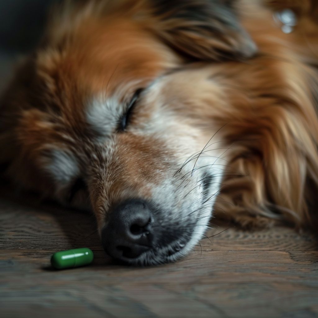 a sleepy dog and a green pill