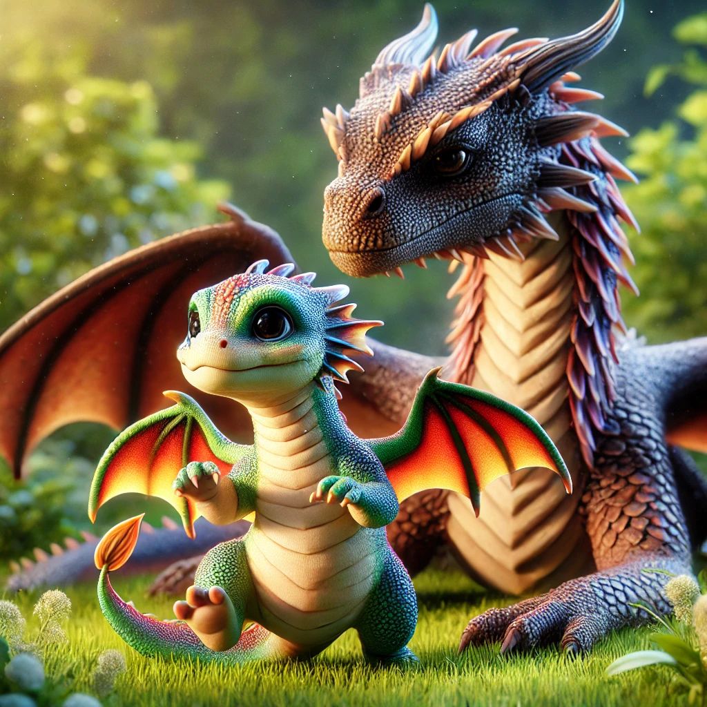 A cheerful baby dragon with its mother