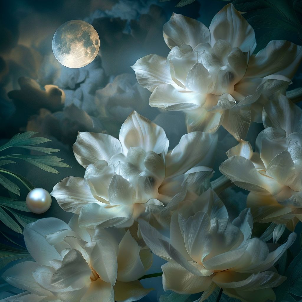 A romantic scene featuring a moonlit garden