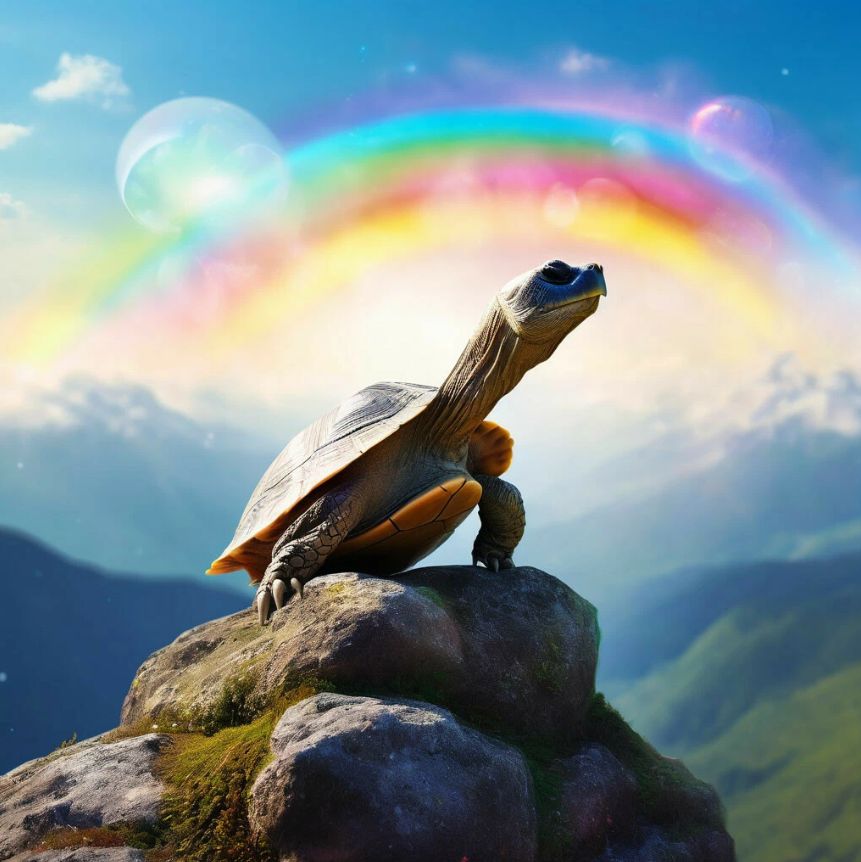 Turtle enjoying yoga on top of a mountain