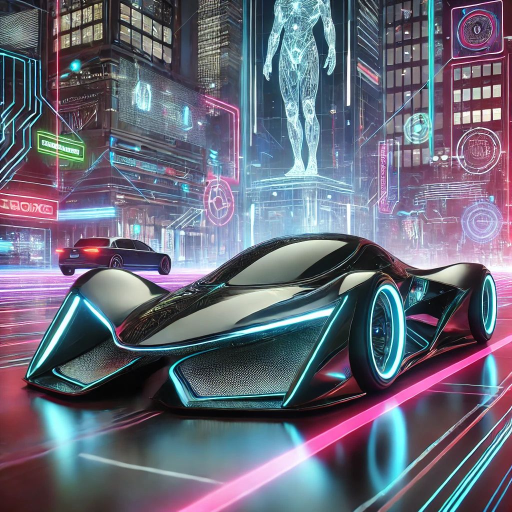 A sleek futuristic vehicle with aerodynamic design and neon lights.