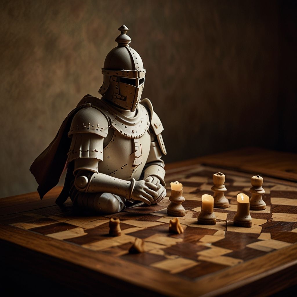 A dimly lit, rustic wooden chessboard