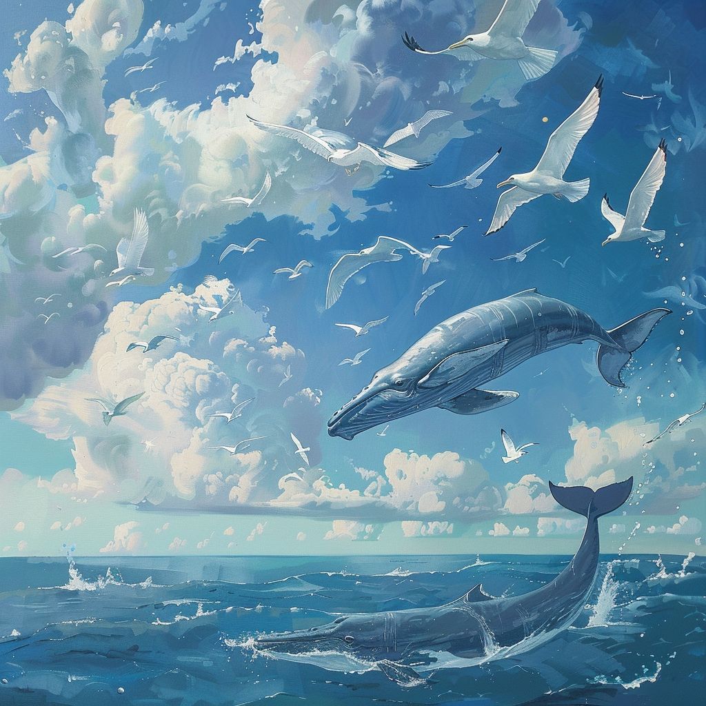 Flying whale and seabirds