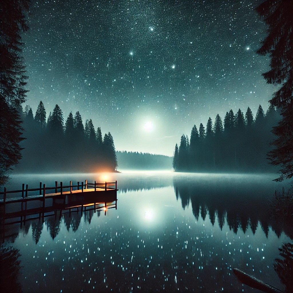 A Tranquil Night: Stars Reflecting on the Serene Lake