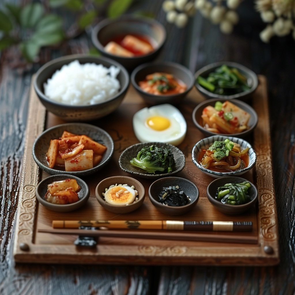 한정식 미니어처1 (korean meal with a bowl of rice, soup, and side dishes)