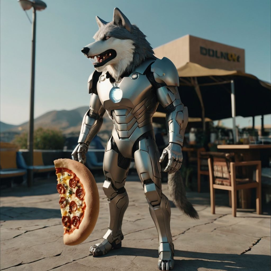 Iron Man-Wolf eats pizza