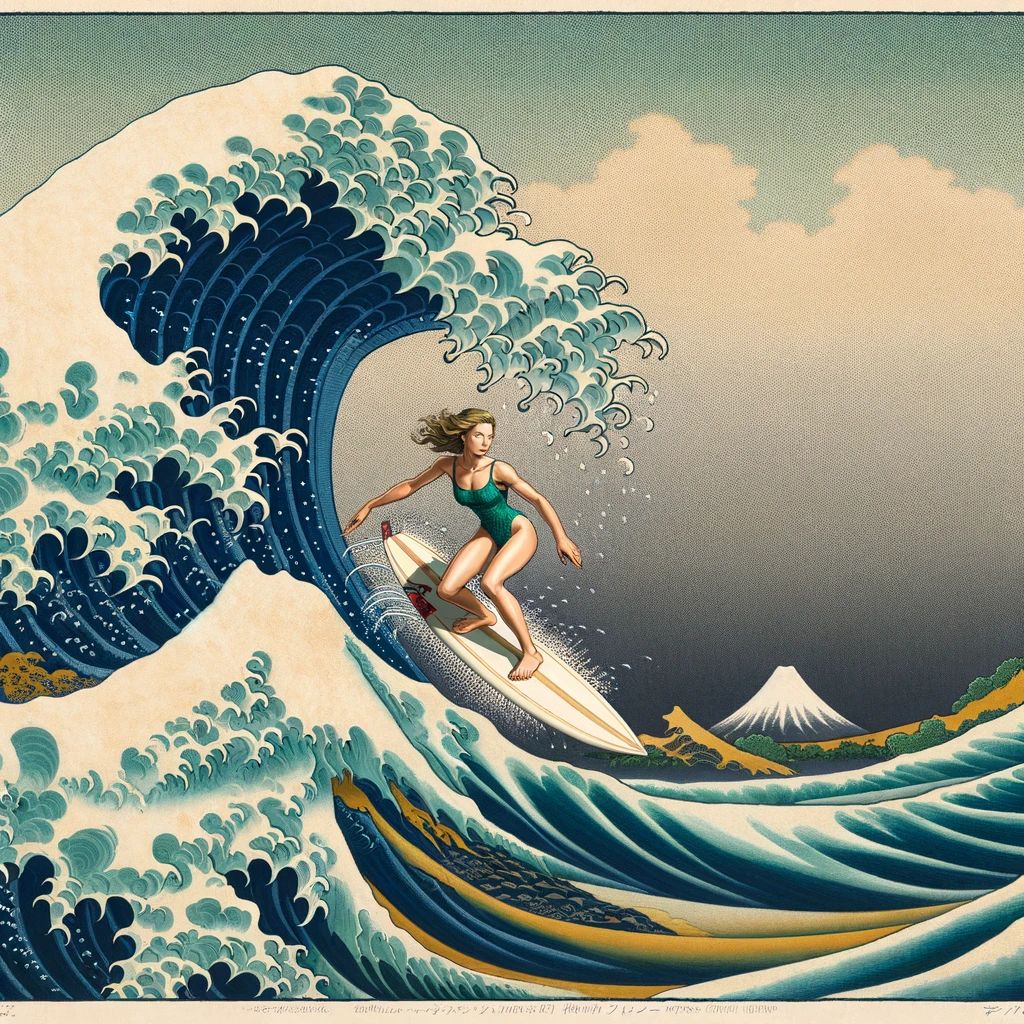 The Great Wave off Kanagawa, Adapted - The artwork, which hints at the insignificance of human existence compared to the power of nature, uses a joyful surfer riding the wave to convey the message of relaxing and enjoying life.