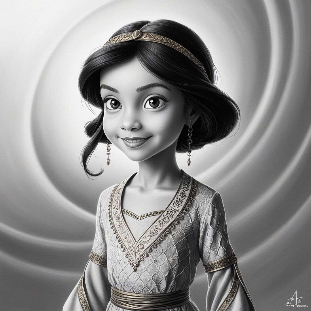 A pencil drawing of Aladdin's youngest daughter