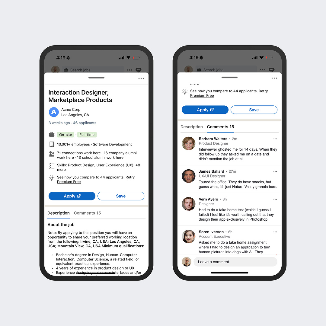 LinkedIn job posting comment section