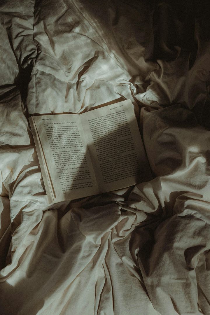 Open a book on a cozy bed with dramatic shadows