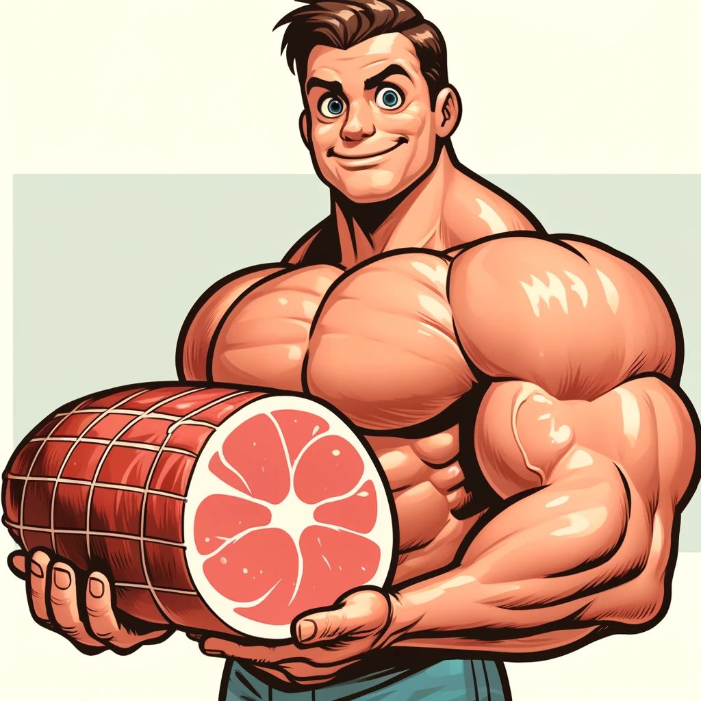 a muscular man holding a large ham