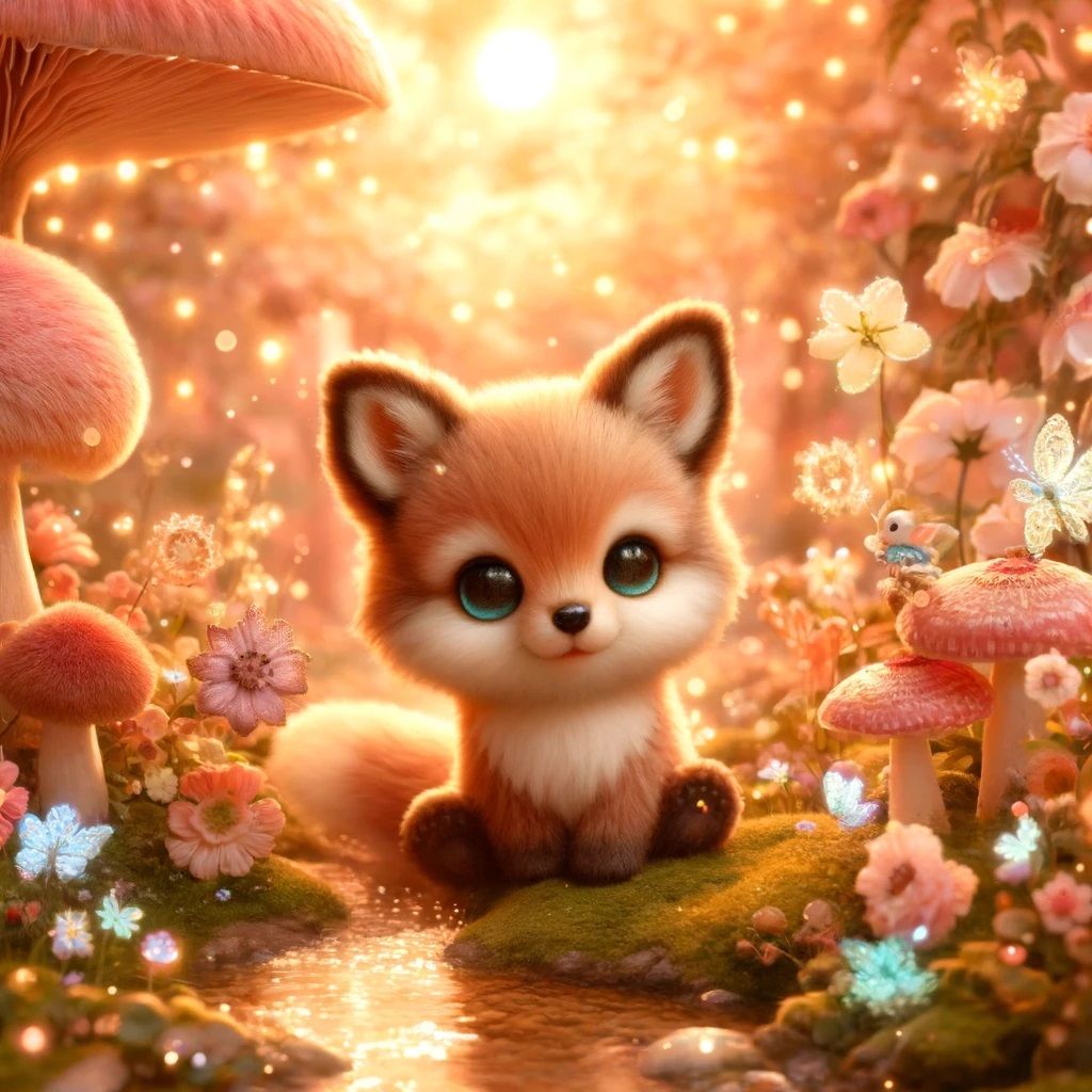 DALL·E 2024-05-22 14.05.16 - A rare and enchanting depiction of a small, cute fox in a magical forest. The fox is tiny with big, bright eyes and a bushy tail, sitting playfully am