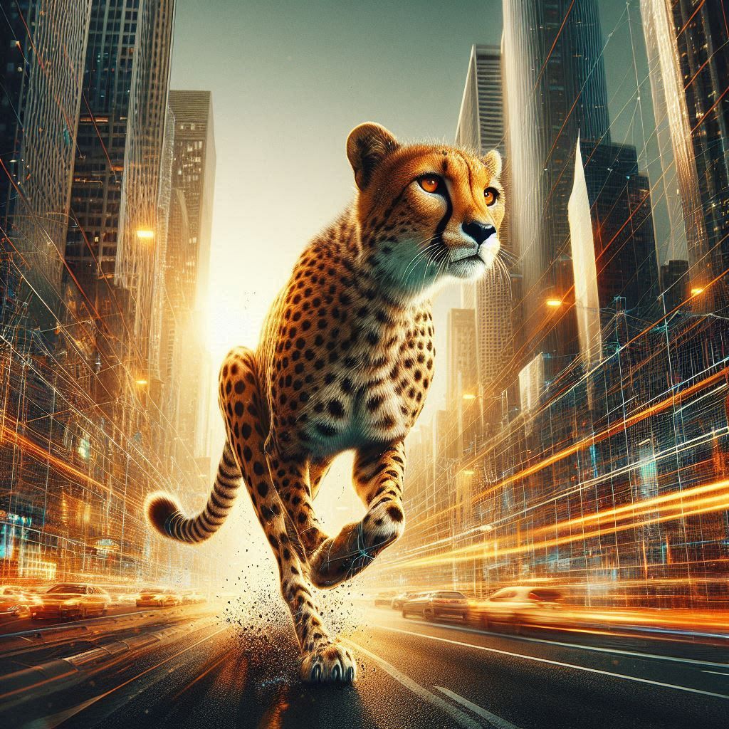 A cheetah is running on the road