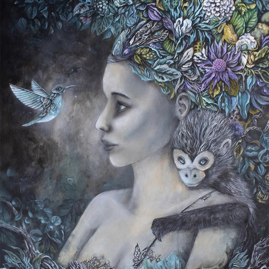 fantasy-goddess-with-monkey-and-hummingbird-print-prints-ak-organic-abstracts-981424