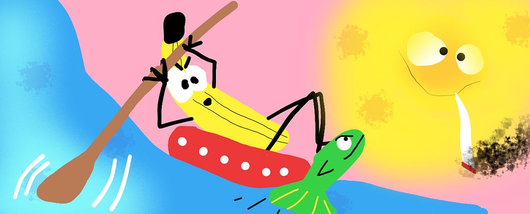 A banana paddles down a steep slope on a lifebuoy and a fish helps the banana move faster and the sun smokes with pleasure